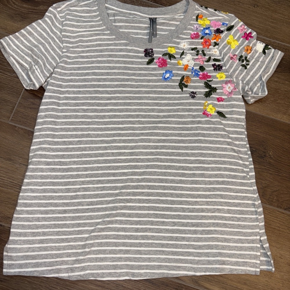 By Anthropologie Striped Embrodiered Floral T-shirt XS Preppy Capsule